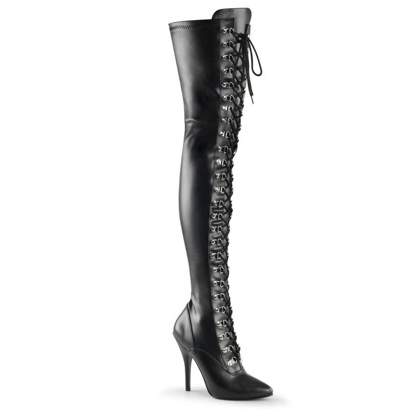 Pleaser SEDUCE-3024 Thigh High Boot (Black Stretch Faux Leather)