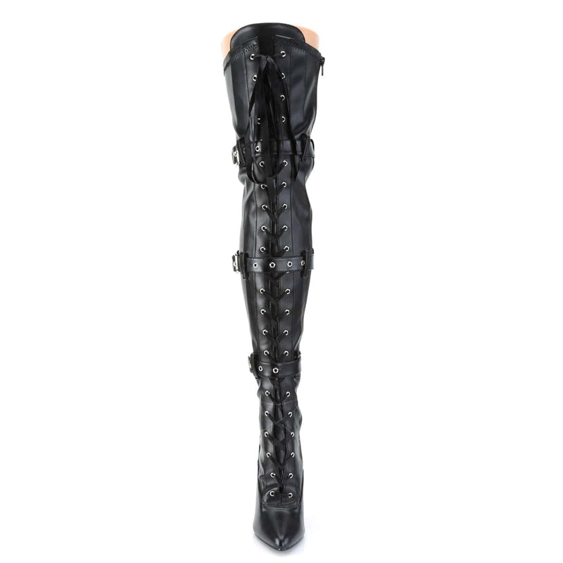 Pleaser SEDUCE-3028 Thigh High Boot (Black Stretch Faux Leather)