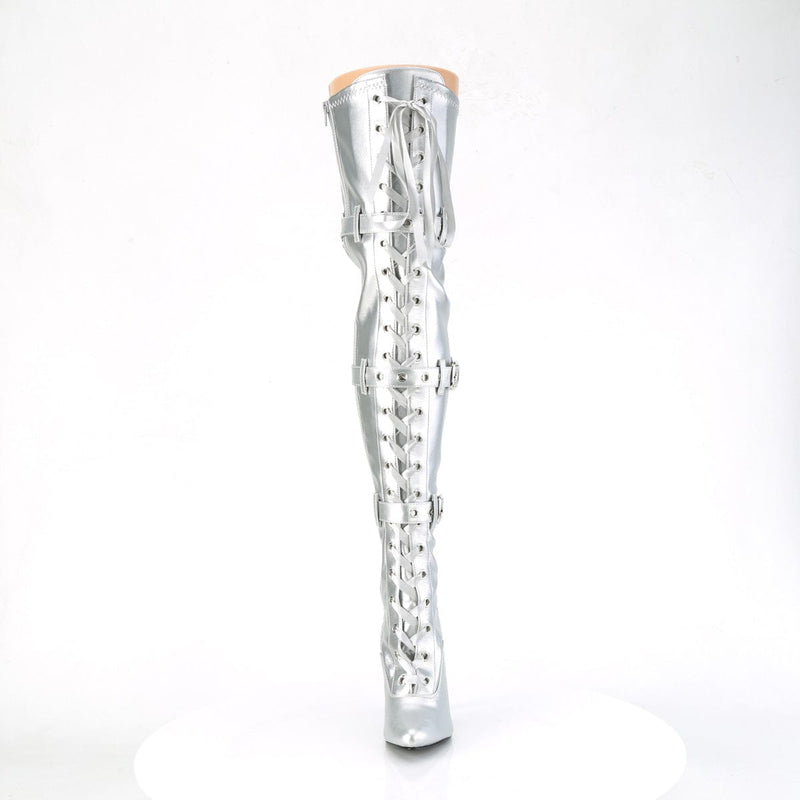 Pleaser SEDUCE-3028 Thigh High Boot (Silver Stretch Metallic Pu)