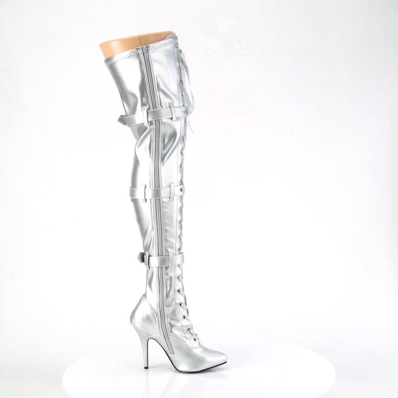 Pleaser SEDUCE-3028 Thigh High Boot (Silver Stretch Metallic Pu)