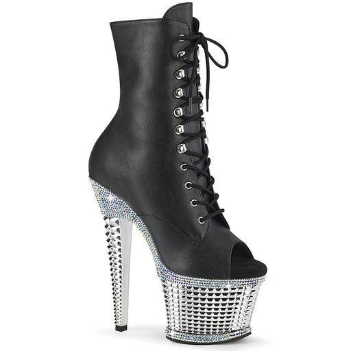 Pleaser SPECTATOR-1021RS Platform Ankle Boot (Black Faux Leather/Silver Rhinestone-Chrome)