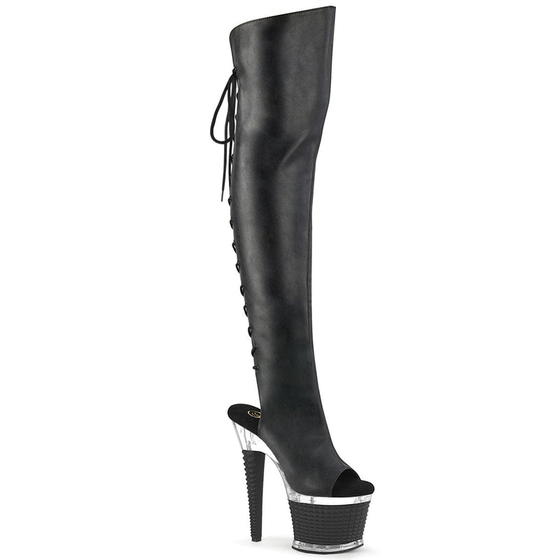 Pleaser SPECTATOR-3019 Platform Knee High Boot (Black Faux Leather/Clear-Black Matte)