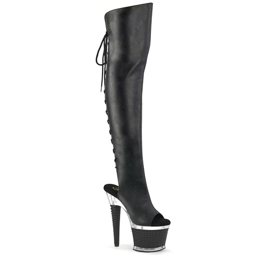Pleaser SPECTATOR-3019 Platform Knee High Boot (Black Faux Leather/Clear-Black Matte)