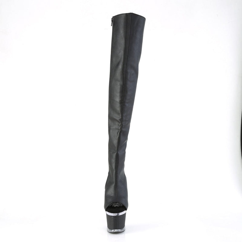 Pleaser SPECTATOR-3019 Platform Knee High Boot (Black Faux Leather/Clear-Black Matte)