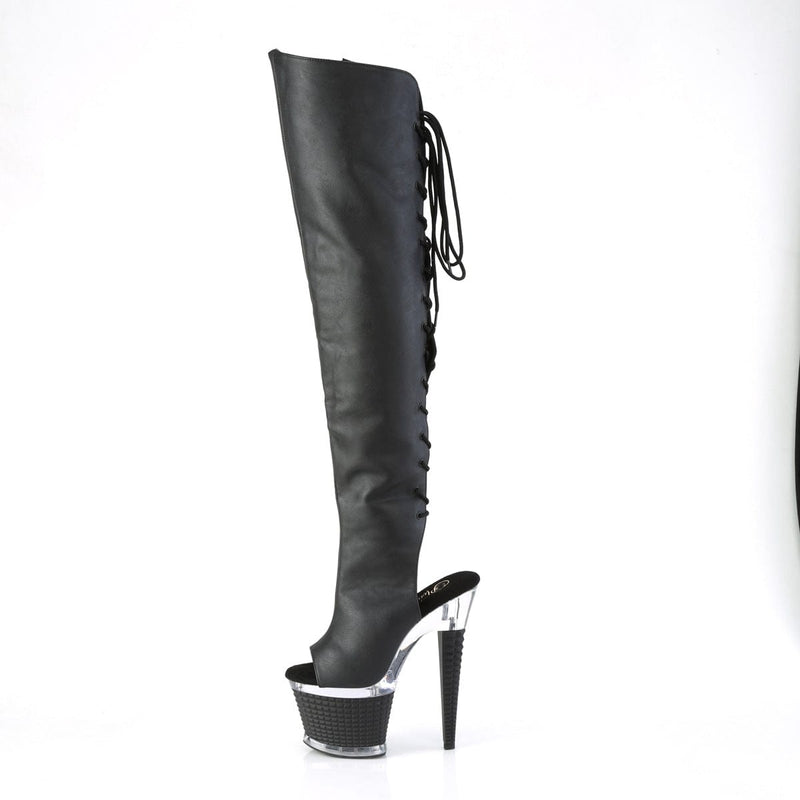 Pleaser SPECTATOR-3019 Platform Knee High Boot (Black Faux Leather/Clear-Black Matte)