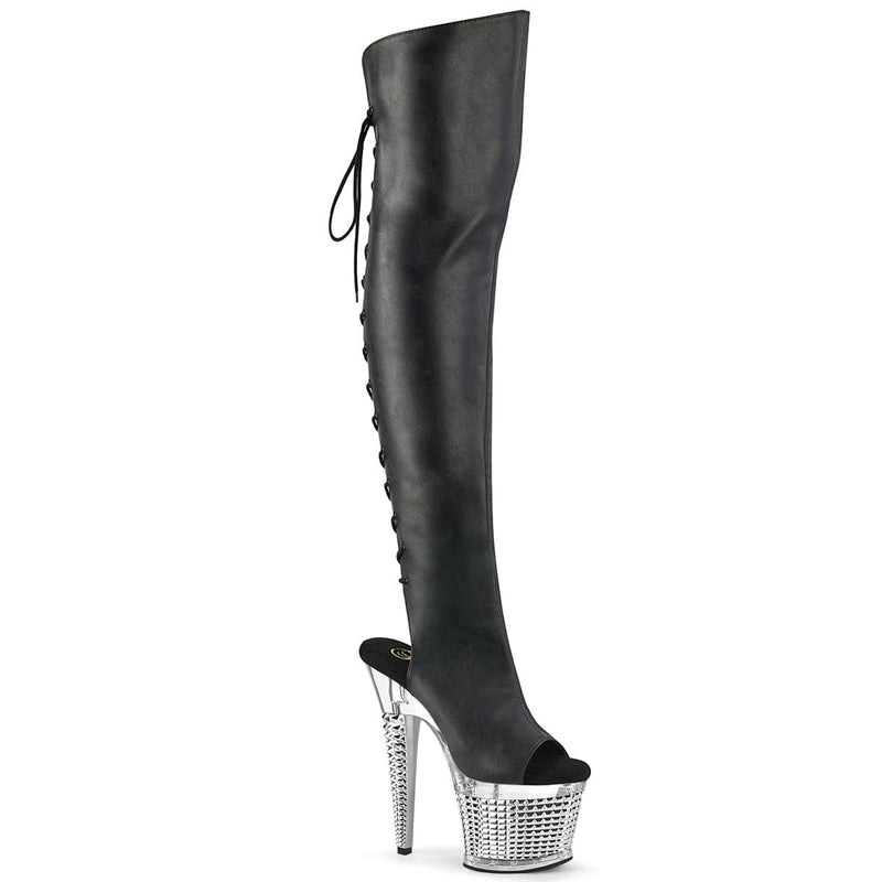 Pleaser SPECTATOR-3019 Platform Knee High Boot (Black Faxur Leather/Clear-Silver Chrome)