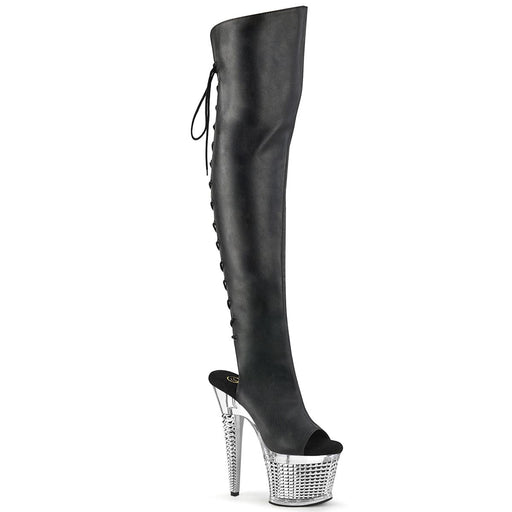 Pleaser SPECTATOR-3019 Platform Knee High Boot (Black Faxur Leather/Clear-Silver Chrome)