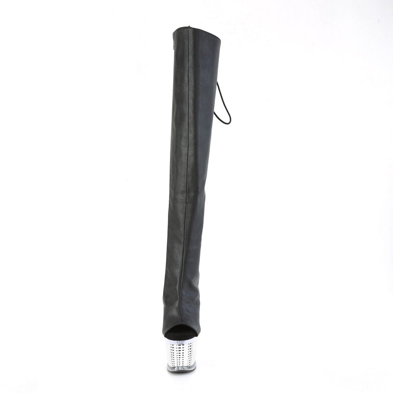 Pleaser SPECTATOR-3019 Platform Knee High Boot (Black Faxur Leather/Clear-Silver Chrome)