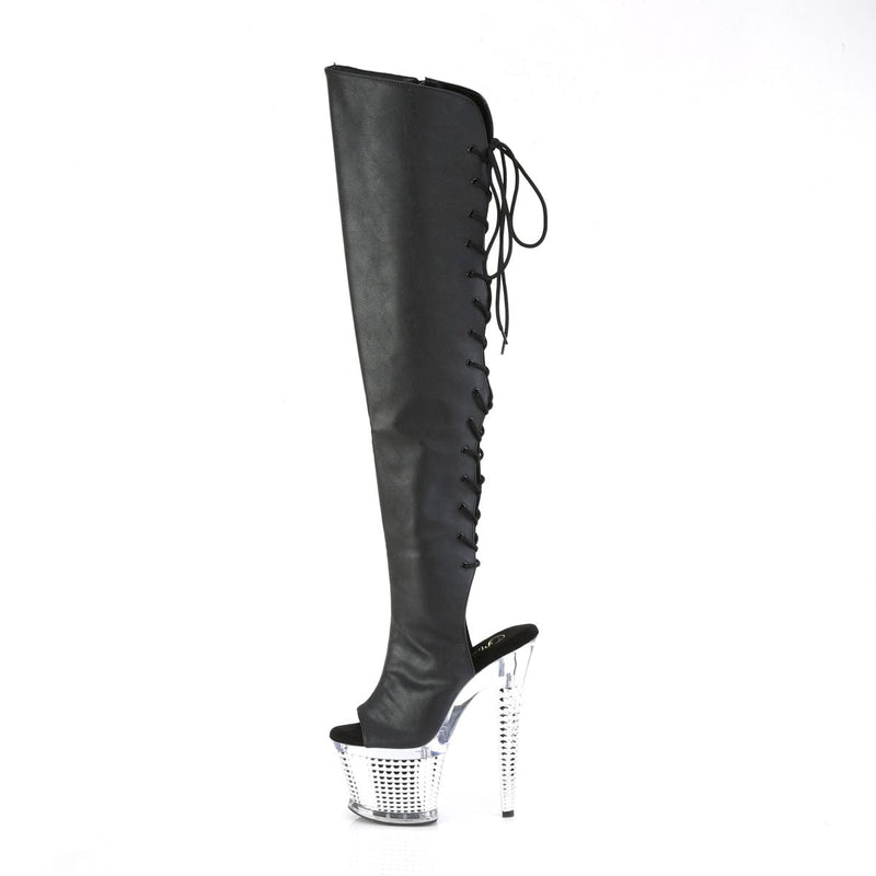 Pleaser SPECTATOR-3019 Platform Knee High Boot (Black Faxur Leather/Clear-Silver Chrome)
