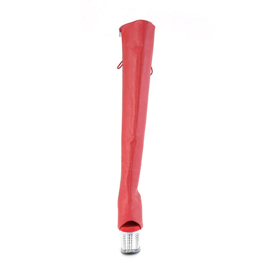 Pleaser SPECTATOR-3019 Platform Knee High Boot (Red Faux Leather/Clear-Silver Chrome)