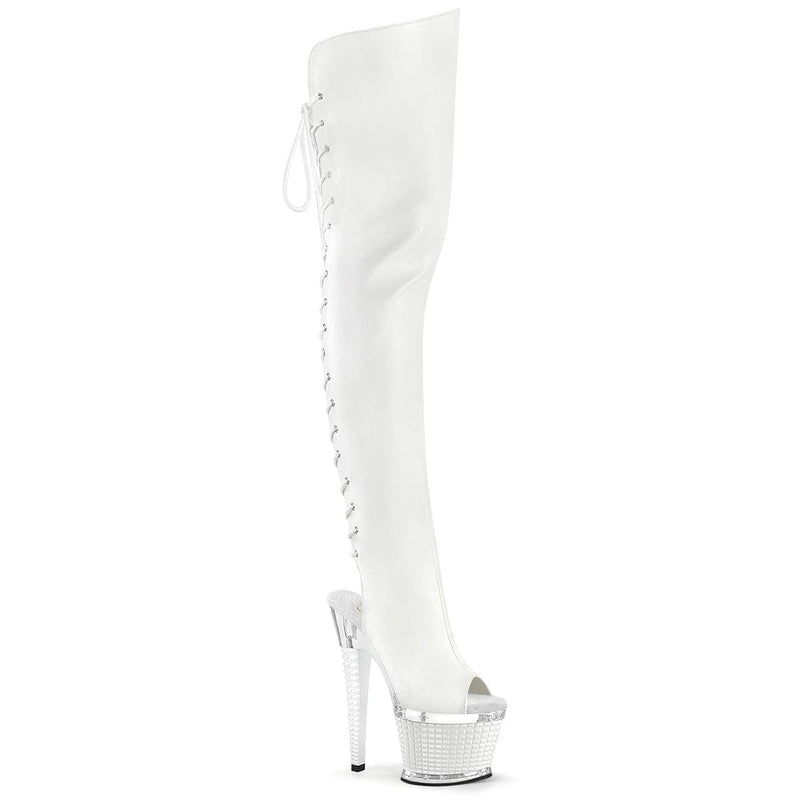 Pleaser SPECTATOR-3030 Platform Thigh High Boot (White Faux Leather/Clear-White Matte)