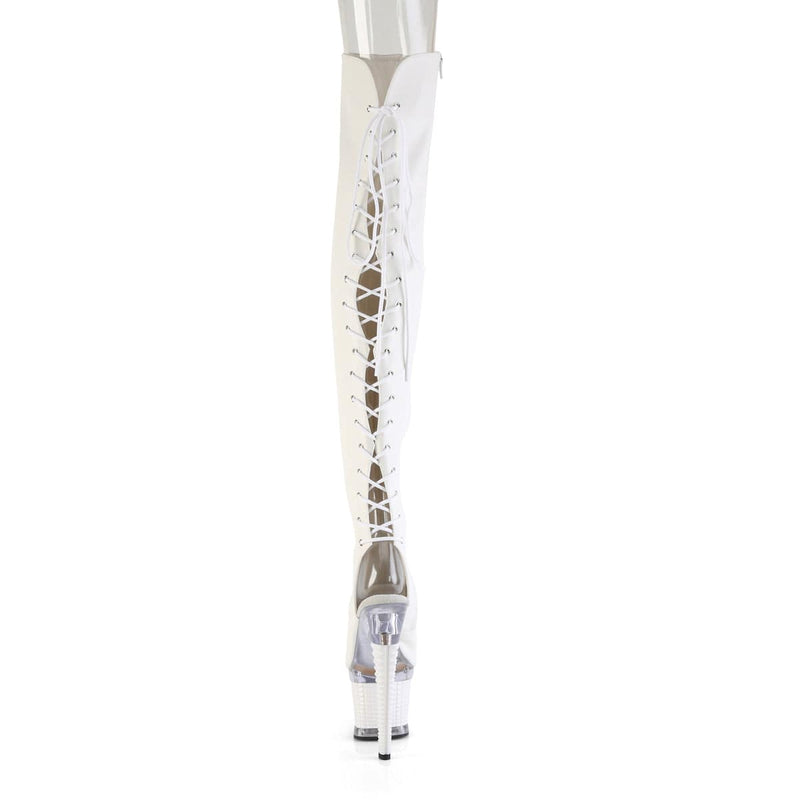 Pleaser SPECTATOR-3030 Platform Thigh High Boot (White Faux Leather/Clear-White Matte)