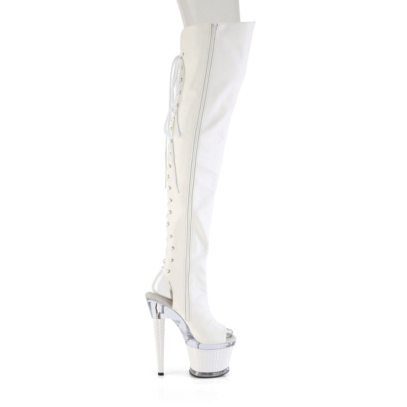 Pleaser SPECTATOR-3030 Platform Thigh High Boot (White Faux Leather/Clear-White Matte)
