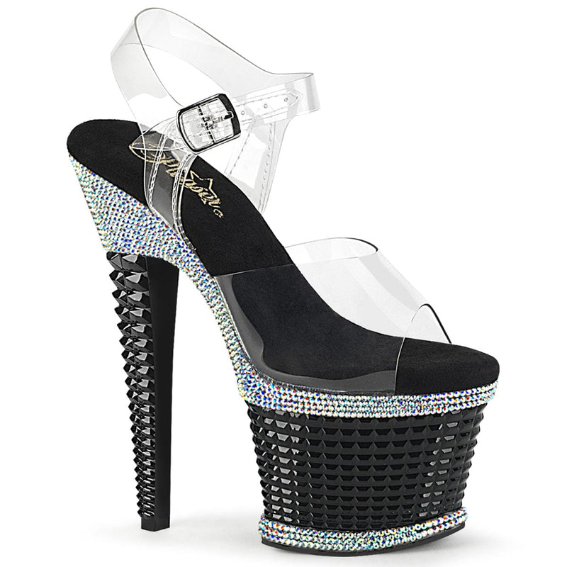 Pleaser SPECTATOR-708RS Platform Sandal (Clear/Black-Rhinestone)