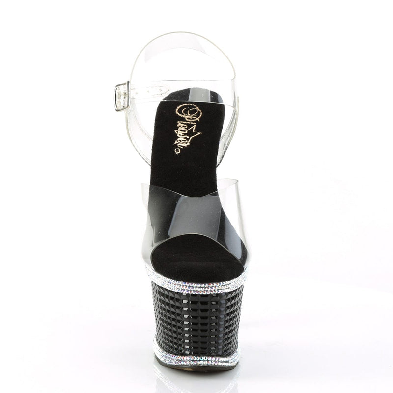 Pleaser SPECTATOR-708RS Platform Sandal (Clear/Black-Rhinestone)