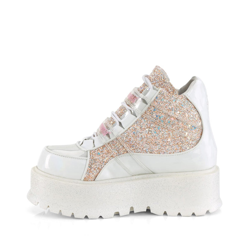 SLACKER-50 White Hologram graphic Patent -Baby Pink Multi Glitter Ankle Boot Demonia US Size (Women's): 6