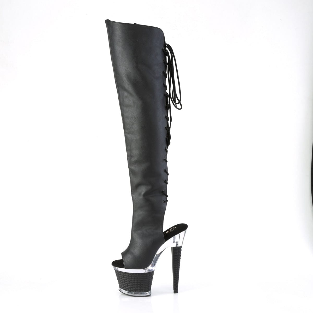 SPECTATOR-3019 Black Faux Leather/Clear Thigh Boot