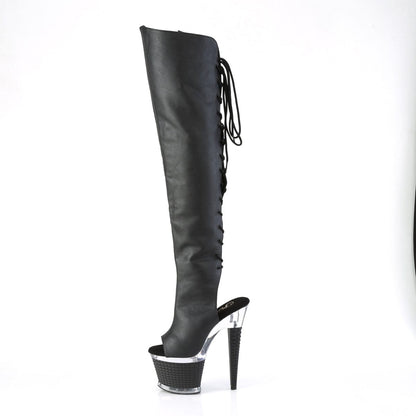 SPECTATOR-3019 Black Faux Leather/Clear Thigh Boot