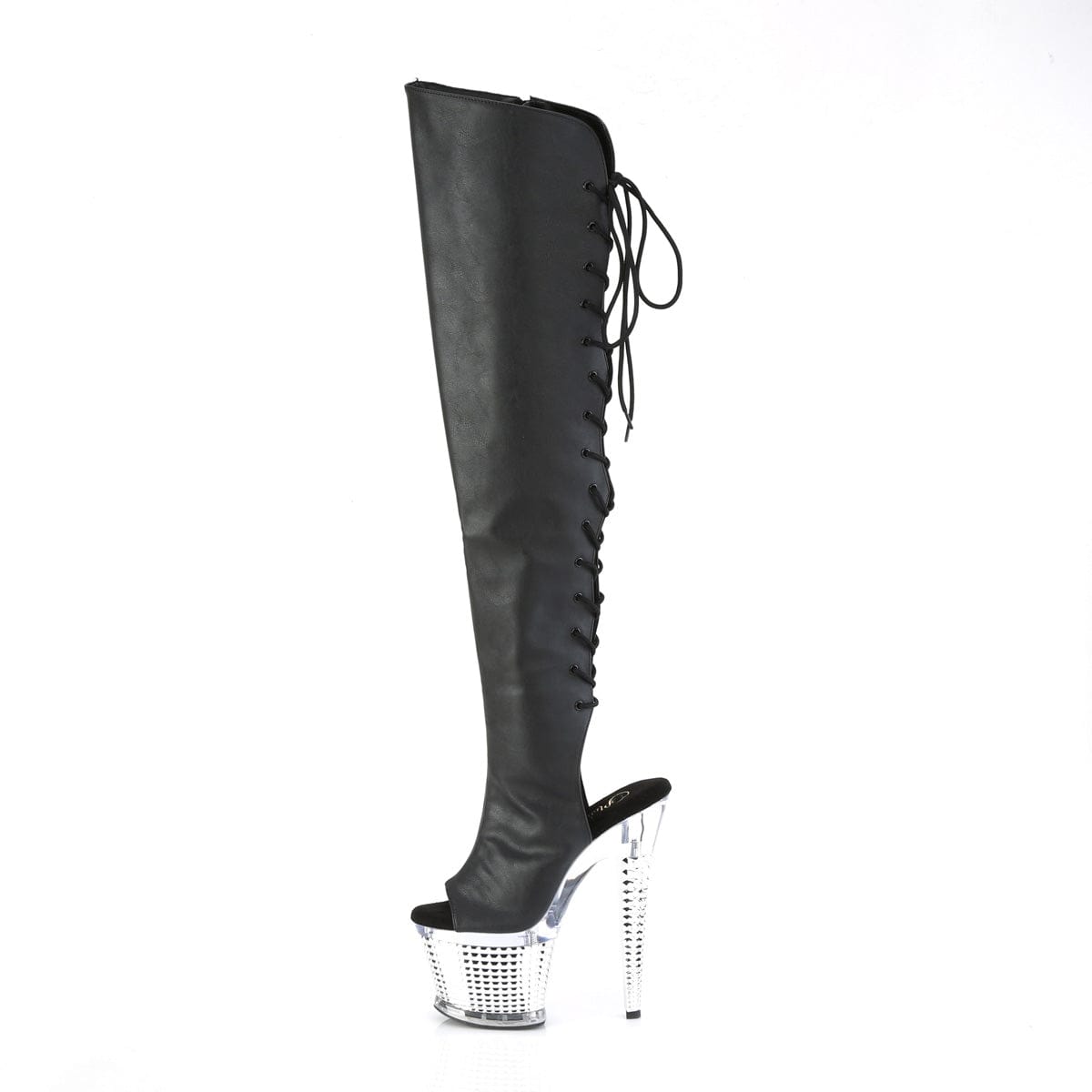 SPECTATOR-3019 Black Faux Leather/Clear-Silver Chrome Thigh Boot