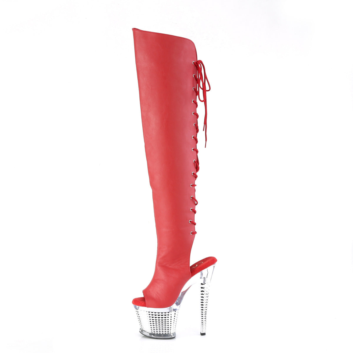 SPECTATOR-3019 Red Faux Leather/Clear-Silver Chrome Thigh Boot