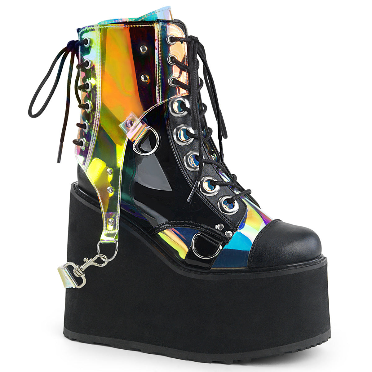 SWING-115 Black Vegan Leather-Patent -Clear Hologram PVC Ankle Boot